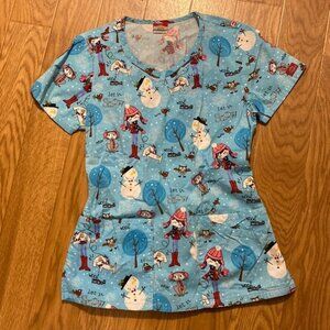 DICKIES Blue Winter Snowman Theme Scrub Top Shirred Back Pockets (Size XS)